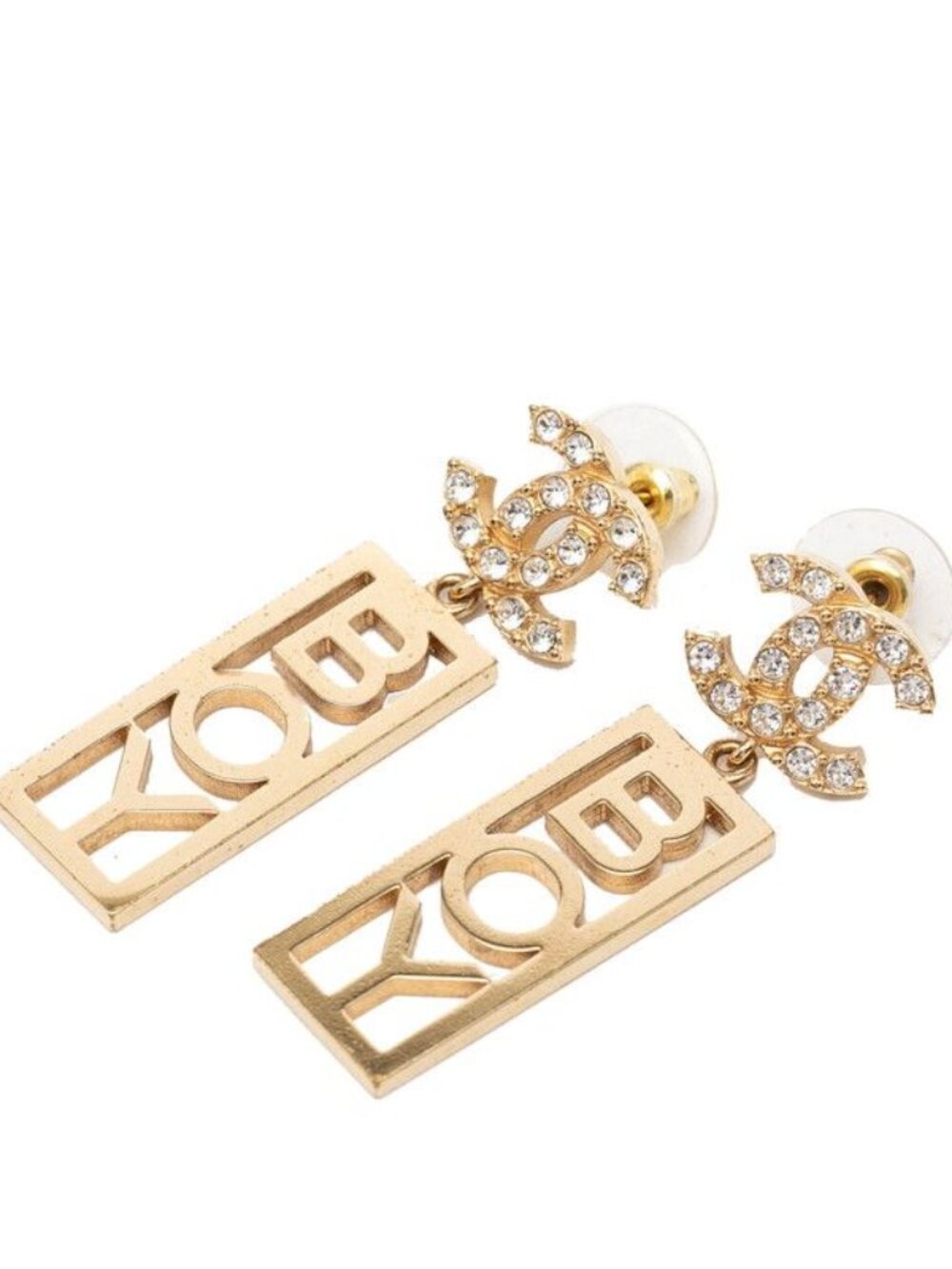 Chanel Cc Logo Boy Stud Swing Earrings Gold Plated Rhinestone
